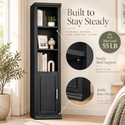Rresyet 60" Bookshelf with Door Storage Cabinet, 5-Tier, Black