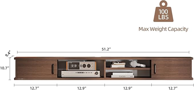 FurniNova Floating TV Stand,51'' Wall Mounted TV Console,Floating TV Shelf,Wall TV Cabinet,Floating Entertainment Shelf,Walnut
