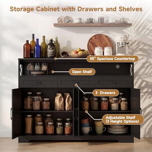 Lahomie 55" Sideboard Buffet Storage Cabinet, Coffee Bar Cabinet,Dark Brown