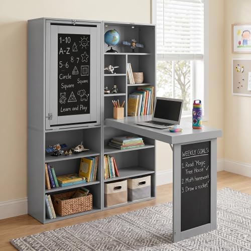 Fold-Out Desk Craft Table, Wall Mounted Desk Cabinet with Chalkboard | Multi-...
