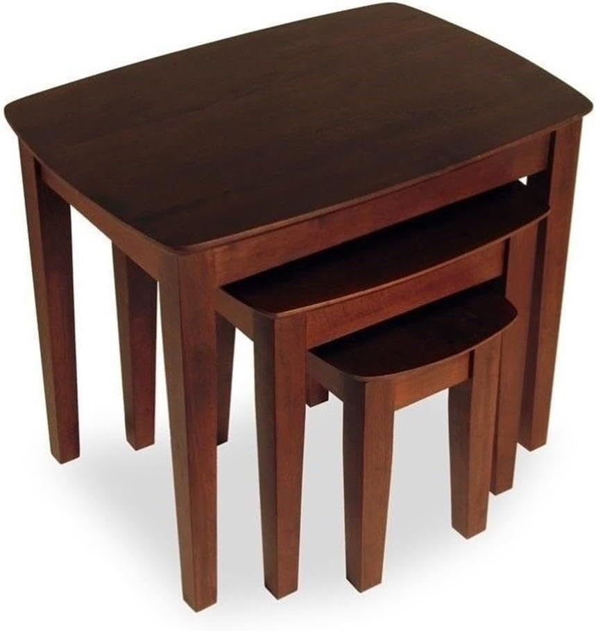 Pemberly Row 3-Piece Rectangular Solid Wood Nesting Tables, Antique Walnut Finish, Space-Saving Design, Rounded Tops and Tapered Legs, Living Room or Display Use