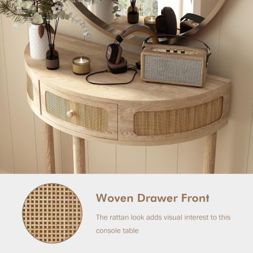 RowyPoey Rattan Half Moon Console Table, Modern Small Entryway Table