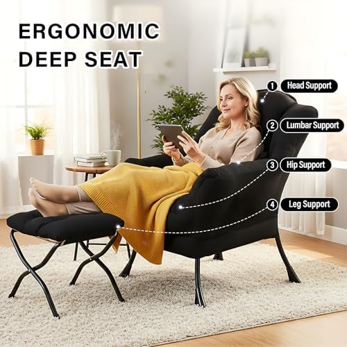 Furlide Lazy Chair with Ottoman, Comfy Fabric Accent Lounge Arm Chair with Lu...