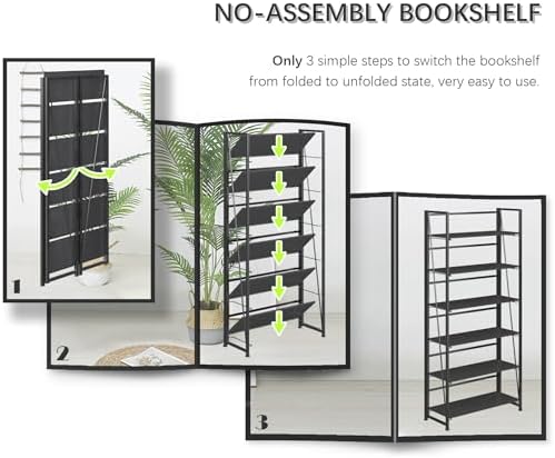4NM No Assembly Folding Bookshelf Book Shelves, 6-Tier 74"" H Colla...