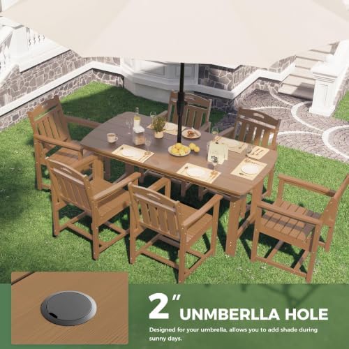 HDPE Outdoor Dining Set, Patio Table and 6 Chairs, 2" Umbrella Hole, Teak