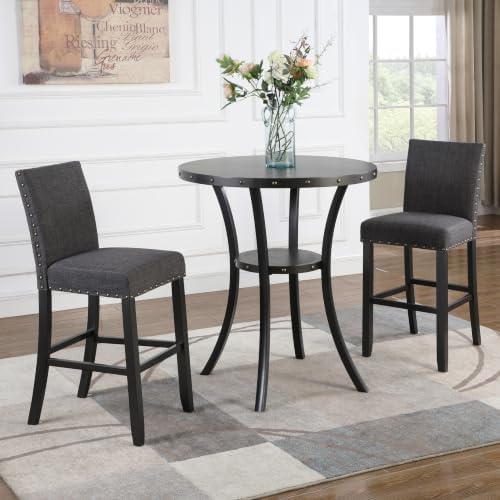 Roundhill Furniture Biony 3-Piece Round Espresso Bar Table with Nail Head Sto...