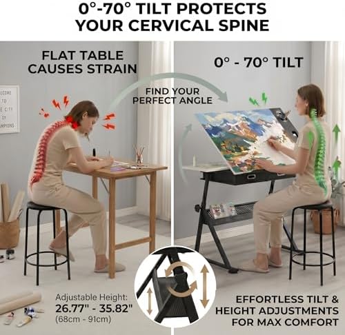 Adjustable Drawing Table with 2 Drawers & Stool, for Art & Work