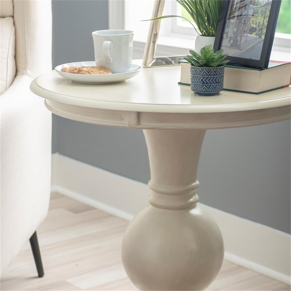 Pemberly Row Round Wood Accent Table, Cream Finish, 26 in Height, Pedestal Ba...