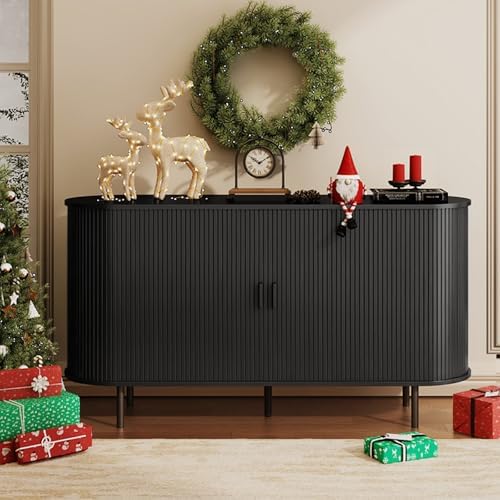 ComfyCorner 55" Fluted Buffet Sideboard Cabinet with Sliding Door, Black