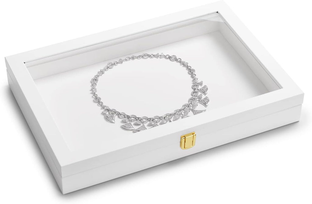Oirlv White Jewelry Organizer Tray with Acrylic Lid Premium Leather Jewelry Box with Transparent Lid Drawer Insert Big Necklace Display Case(Flat Tray)