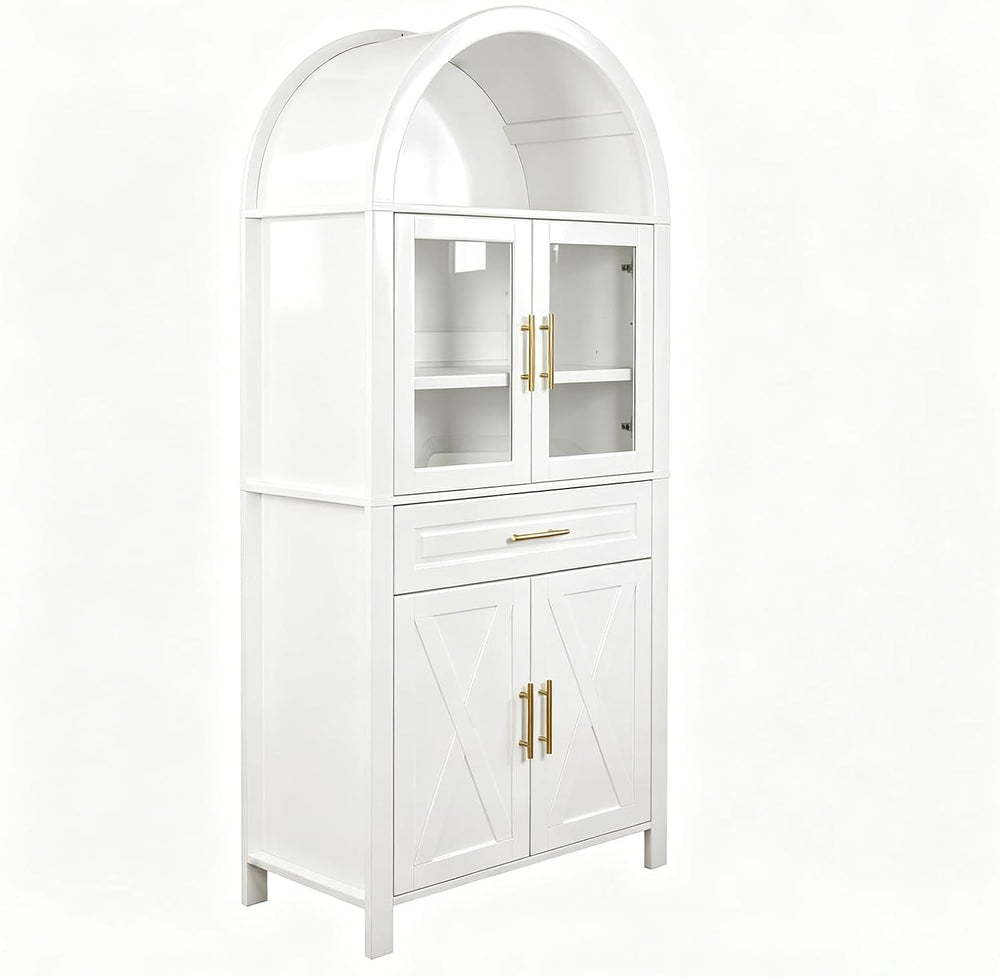 71" Tall Arched Kitchen Pantry Cabinet with Glass Doors - Farmhouse Stor...