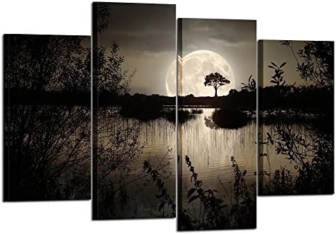 4 Pieces Canvas Prints Wall Art Big Moon over Lake in Dark Forest