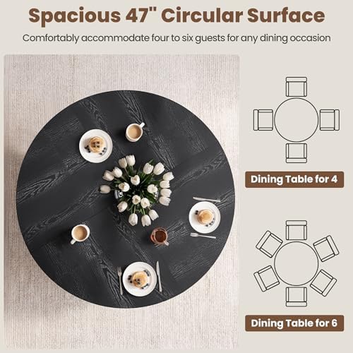 47-Inch Round Dining Table for 4-6, Sculptural Base, Black