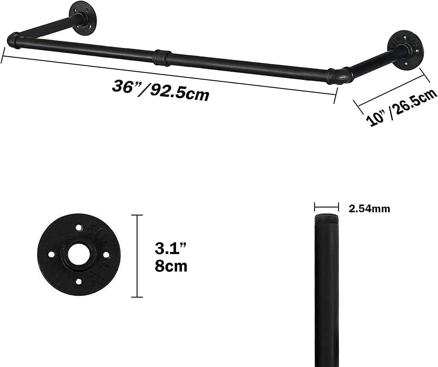 Oroonoko 36inch Industrial Pipe Clothes Rack Wall Mount For Hanging Rod Bar for Laundry Room Up to Max Load 135Lb