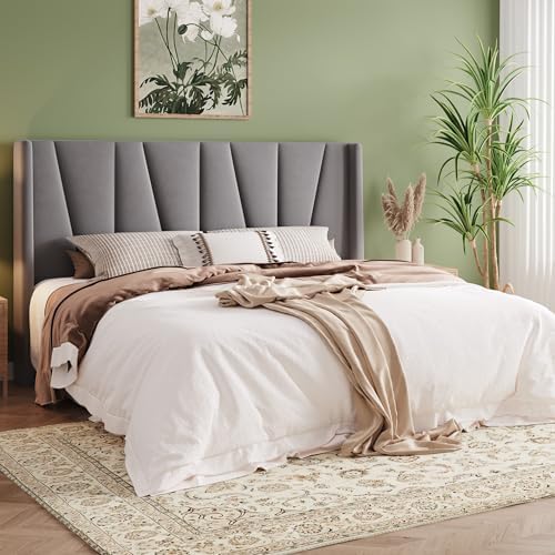 Allewie King Size Platform Velvet Bed Frame with Geometric Wingback Headboard...