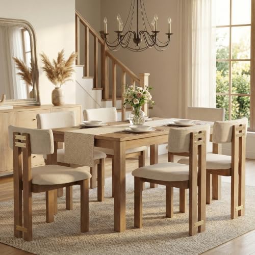 HNY Modern Linen Dining Chairs Set of 6 with Curved Back Support, Beige