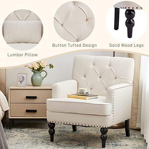 HUIMO Accent Chair, Tufted Upholstered Club Chair, Beige | Upholstered Fabric...