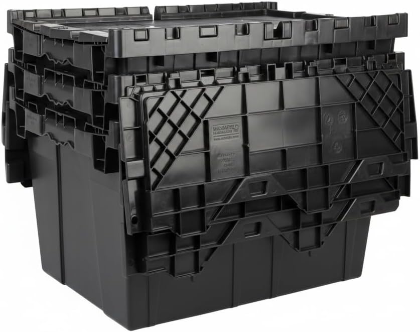 Hudson Exchange 21.9 x 15.2 x 12.8” (3 Pack) Storage Tote Distribution Container with Hinged Attached Lid, Black