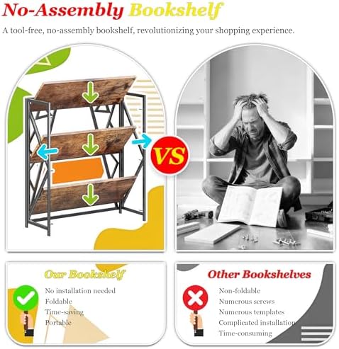 UDD No Assembly Wide Folding Bookshelf, 34" H x 30.9" W, 3 Tier Fol...