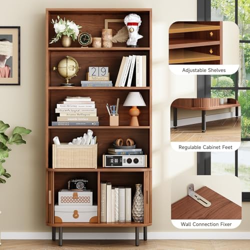 ONBRILL 71" Bookshelf with Sliding Door, Bookcase Storage Cabinet, Walnut