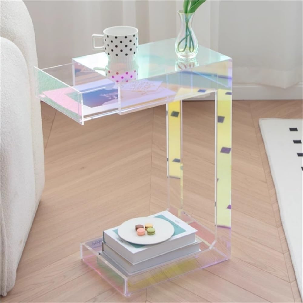 Acrylic Side Table with Integrated Base, Iridescent End Table, C-Shape Nights...