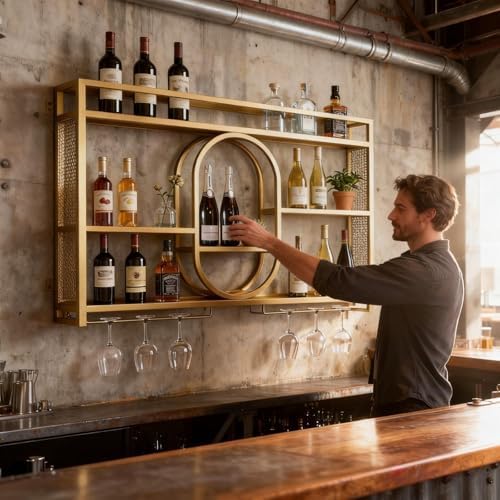 47" Upgrade Metal Wall Mounted Wine Rack, 3 Tier Bar Shelves with Glass ...