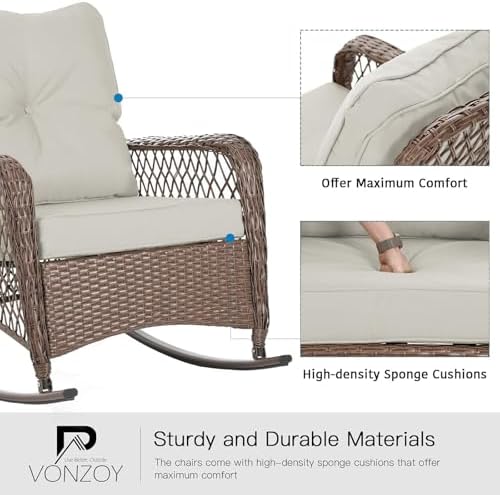 Patio Furniture Set 3 Pieces, Wicker Outdoor Rocking Bistro Set, Pale White