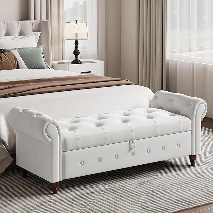 63" Wide Storage Bench, Polyester Upholstered End of Bed Bench with Pull...