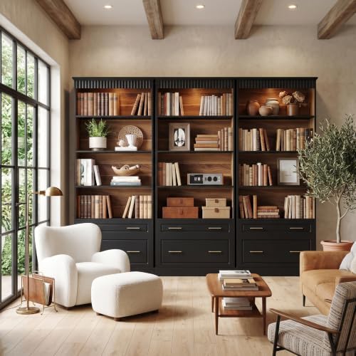 LITTLE TREE 72" Tall Black Bookcase with 2 Drawers, 5-Tier Bookshelf wit...