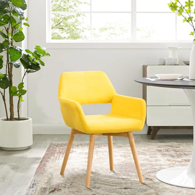 Desk Chair No Wheels Vanity Chair Comfy Accent Chair for Living Dining Room Bedroom Home Office Mid Century Modern Upholstered Armchair(Yellow, 1)