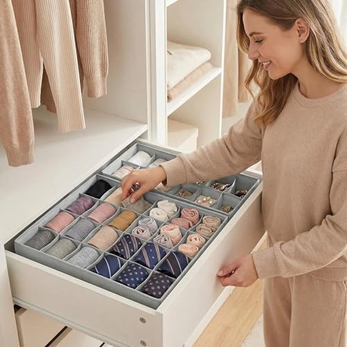 2 Pack Foldable Sock Drawer Organizer Divider, 24-Cell Underwear Organizers Closet Storage Box with Zipper, Strong Fabric for Socks, Shorts, Handkerchiefs, Ties, Belts (Grey)