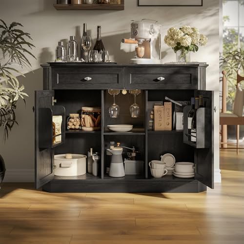47" Wine Bar Cabinet with LED Light & Power Outlets, 2 Door Coffee B...