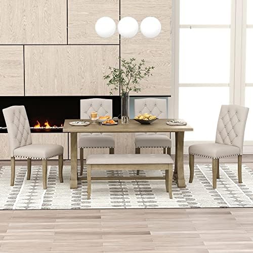 6-Piece Dining Table Set, 4 Chairs + Bench, Farmhouse, Natural Wood