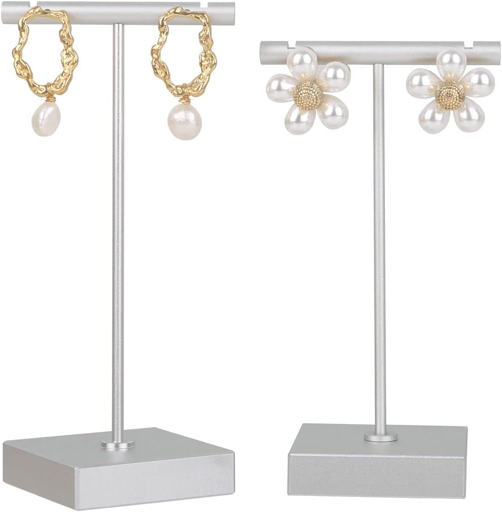 GemeShou 2pcs metal earring holder, Silver T bar earring display stand, mini hangers for earrings Jewelry Photography, earring storage organizer【Silver-Square Base 2pcs Height 4.3 and 5.1 inch】