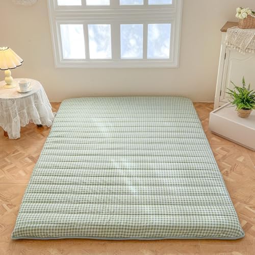 Green Gingham Japanese Floor Mattress, Twin Size 39" x 80", 3.5" Thick | High Density Foam Futon Mattress, Foldable Tatami Sleeping Pad, Farmhouse Style Roll Up Floor Bed for Dorm Guest Room