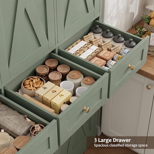 HOSTACK 67"H Farmhouse Kitchen Pantry Storage Cabinet with 3 Drawers, Gr...