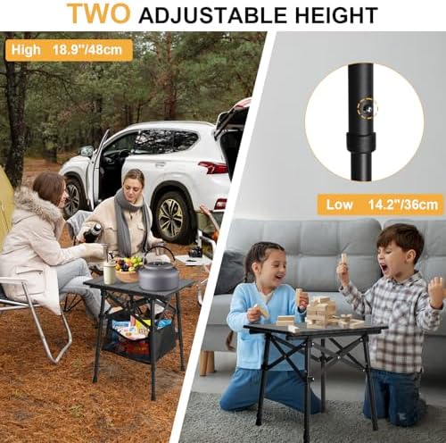 Folding Camping Side Table, Adjustable Height 14.2 & 18.9 in