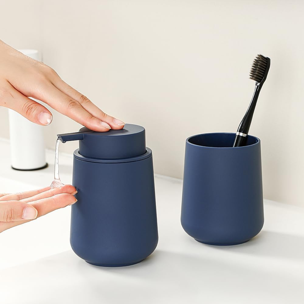 Matte Navy Blue Bathroom Accessories 2 Piece Set Plastic Soap Dispenser and Toothbrush Holder for Modern Bathroom Decor