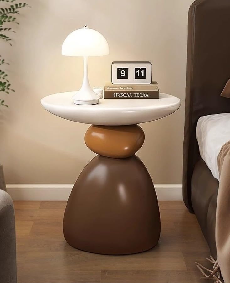 Decorative Stone Shape Side Table, Fiberglass End Table Nightstand, Round Acc...