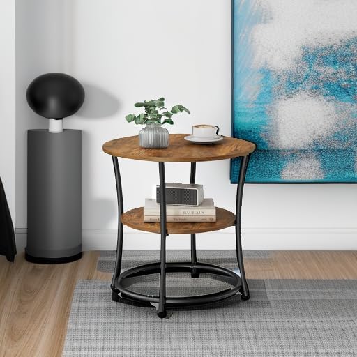 VASAGLE 21.7-Inch Round Side Table, 2-Tier End Table, Nightstand with Steel F...