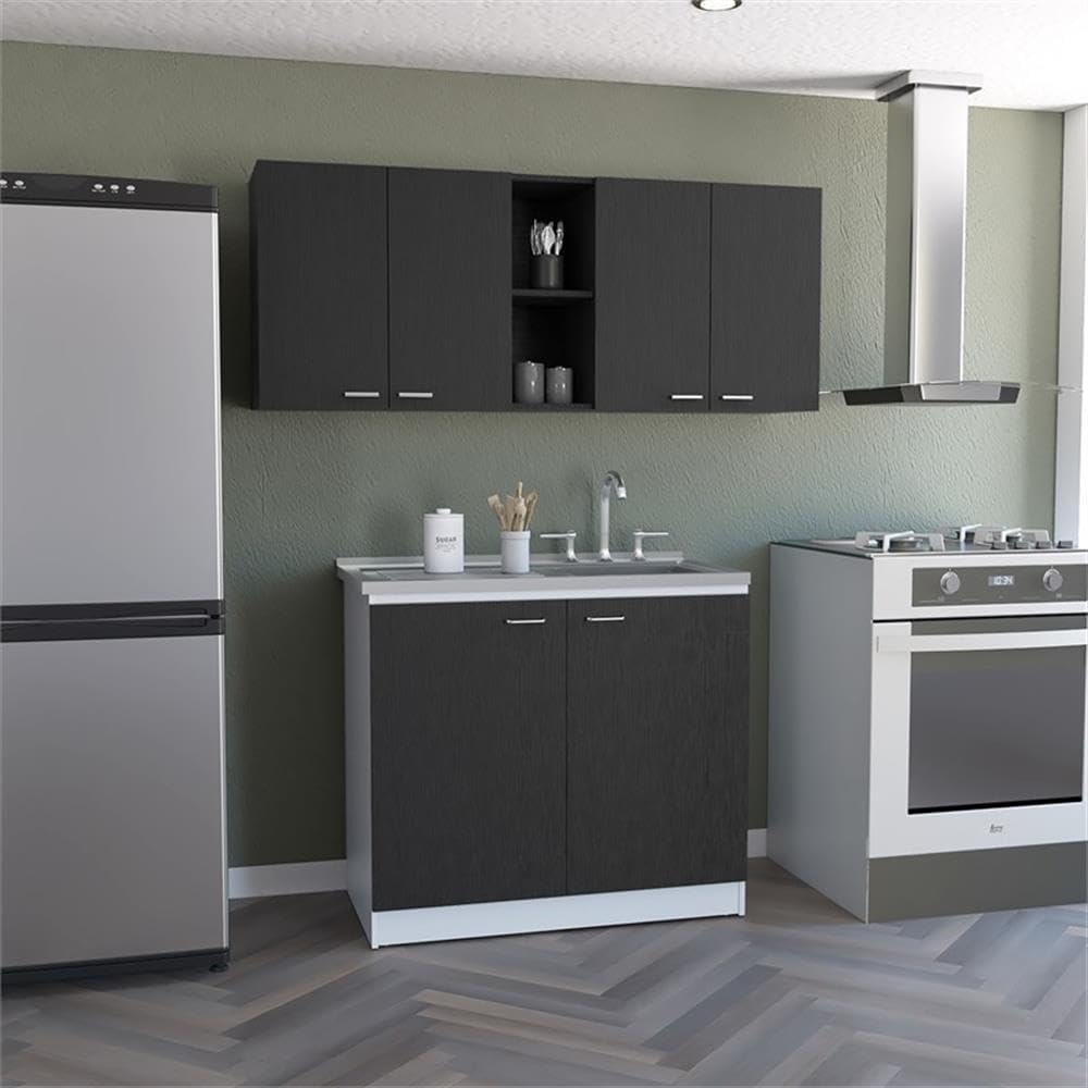 DEPOT E-SHOP 59" Luther 2 Piece Kitchen Set, Wall Cabinet + Utility Sink Cabinet, Black/White – Wall Mounted Kitchen Storage for Kitchen & Utility Storage