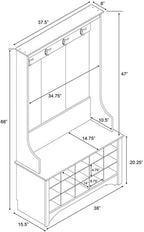 Prepac Entryway Organizer with 4 Coat Hooks, Coat Rack Hall Tree with Bench and Coat Storage, Furniture for Entryway with 15 Cubbies for Shoe Storage, 38” W x 68” H x 15.5” D, Drifted Gray