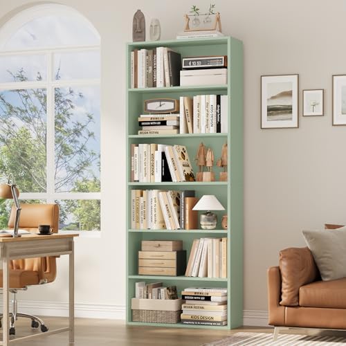 FOTOSOK 6 Tier Tall Bookshelf and Bookcase with Open Display Shelves, Green