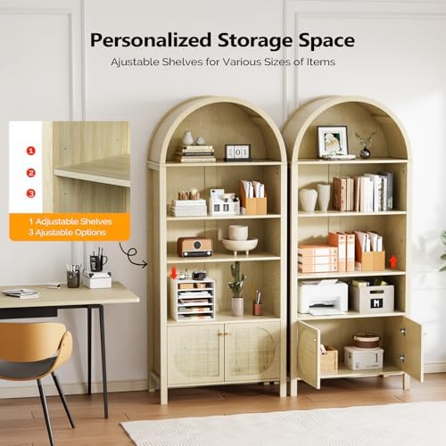 VINGLI 70" Arched Display Cabinet with 5 Shelves, Rattan Storage Cabinet...