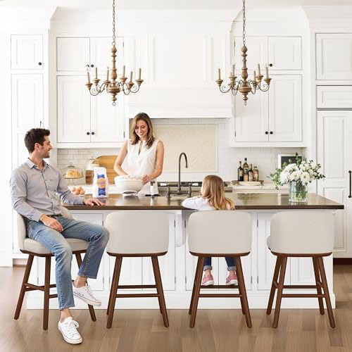 LUE BONA Bar Stools Set of 3, 27.6" Wooden Legs, Fabric in Beige