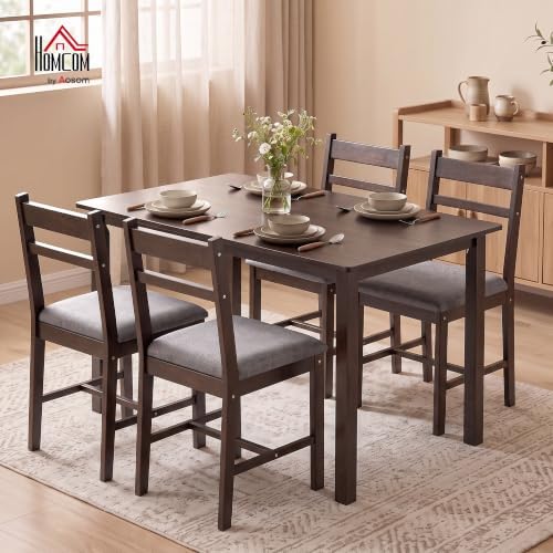 HOMCOM 5-Piece Solid Wood Dining Table Set for 4, Walnut and Gray