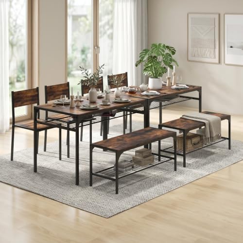 COSTWAY Dining Table Set for 4 with Bench & 2 Chairs, Storage Racks