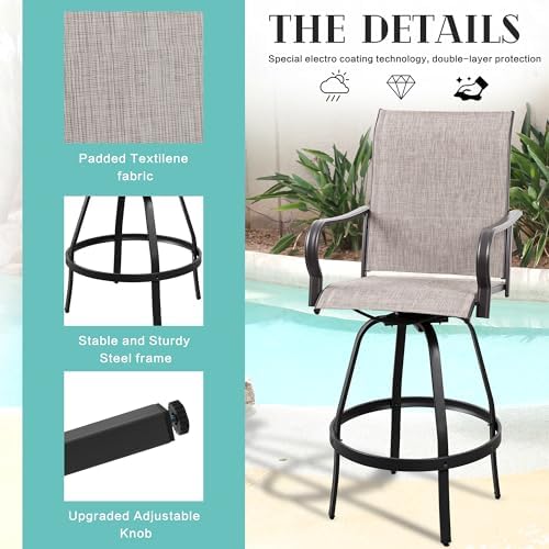 Vongrasig 2 Piece Patio Swivel Bar Chairs, All Weather Metal Textile High Swi...