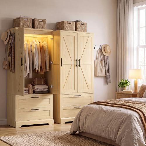 YESHOMY 70.9" Wardrobe Closet with Sensor Light, 2 Drawers (Oak)
