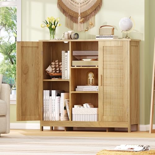 Iwell Rattan Storage Cabinet with 4 Adjustable Shelves, Coffee Bar Cabinet, S...